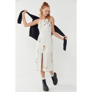 UO Josie Floral Embroidered Linen Midi Dress